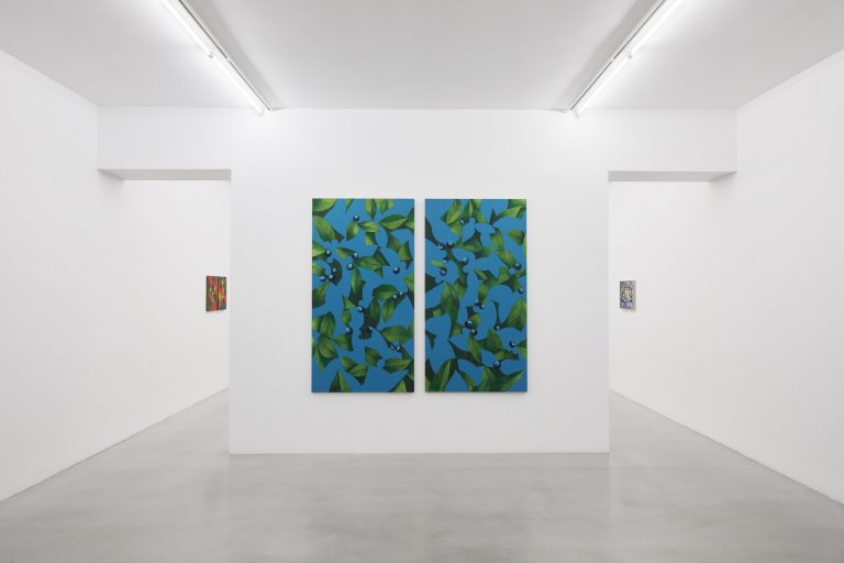 Exhibition view featuring artworks by Ryan Mrozowski. The image showcases a series of paintings with vibrant, repeated patterns and botanical motifs, arranged in a carefully curated space.