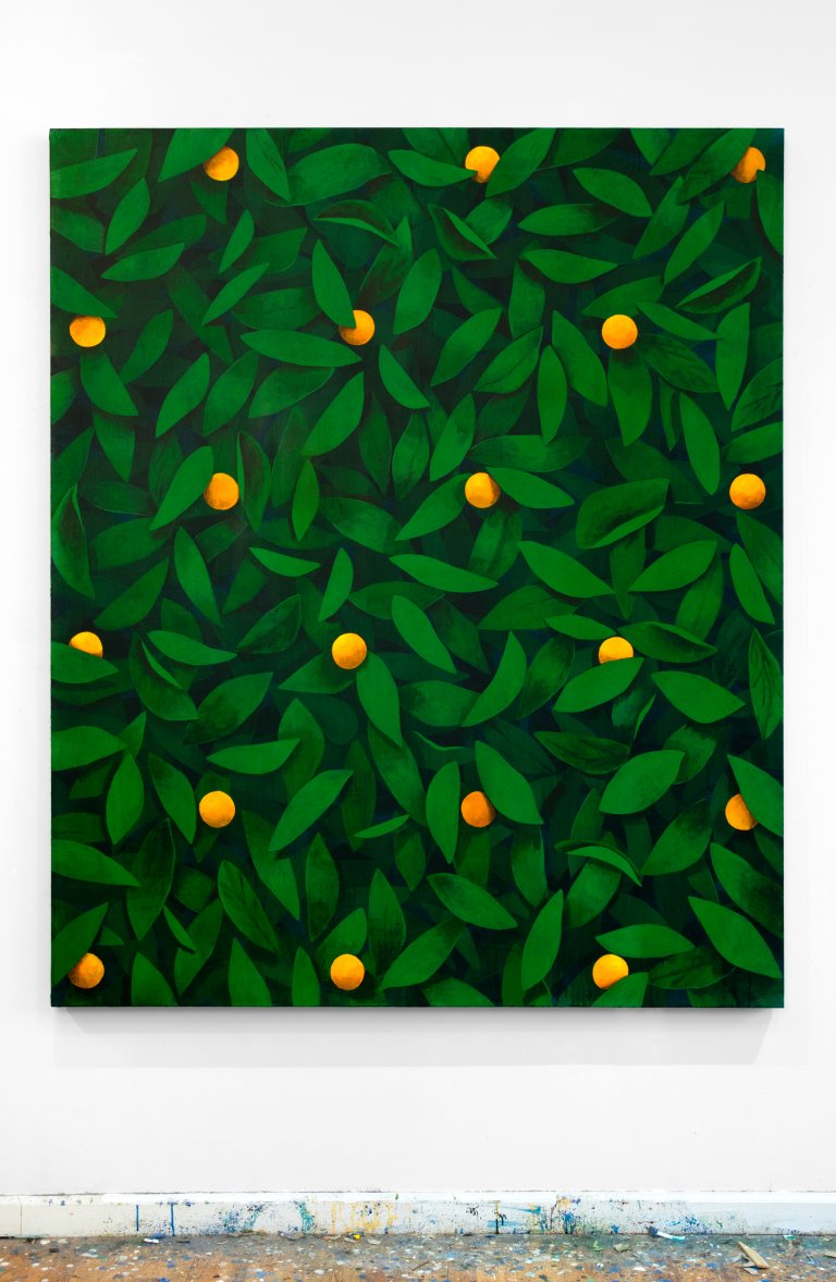 Artwork by Ryan Mrozowski. The composition features a dynamic interplay of repeated botanical forms, bold color contrasts, and subtle shifts in pattern. The piece explores themes of perception and repetition, drawing the viewer into its rhythmic visual structure