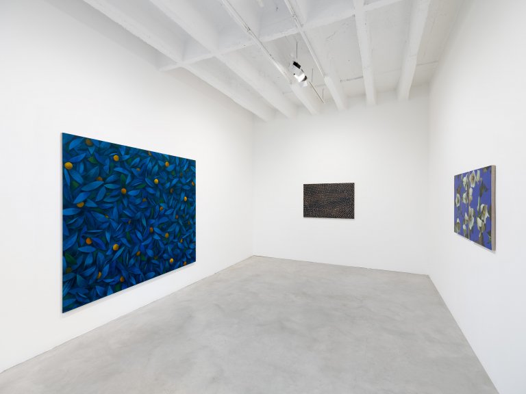 Exhibition view featuring artworks by Ryan Mrozowski. The image showcases a series of paintings with vibrant, repeated patterns and botanical motifs, arranged in a carefully curated space.