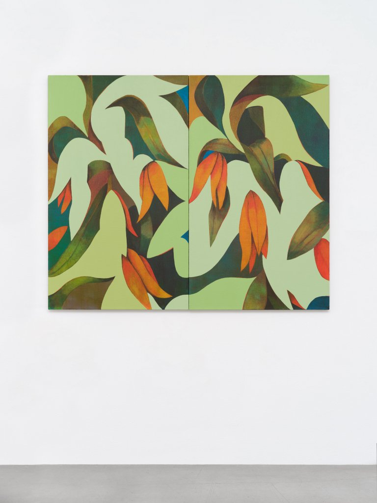 Artwork by Ryan Mrozowski. The composition features a dynamic interplay of repeated botanical forms, bold color contrasts, and subtle shifts in pattern. The piece explores themes of perception and repetition, drawing the viewer into its rhythmic visual structure