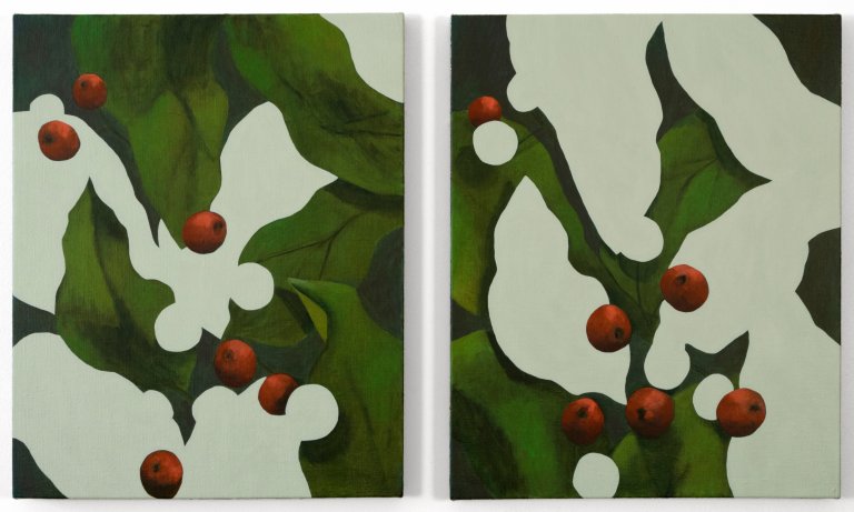 Artwork by Ryan Mrozowski. The composition features a dynamic interplay of repeated botanical forms, bold color contrasts, and subtle shifts in pattern. The piece explores themes of perception and repetition, drawing the viewer into its rhythmic visual structure