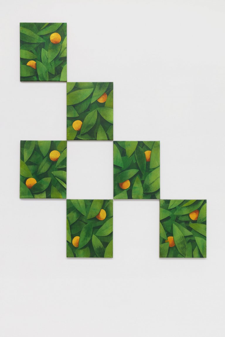 Artwork by Ryan Mrozowski. The composition features a dynamic interplay of repeated botanical forms, bold color contrasts, and subtle shifts in pattern. The piece explores themes of perception and repetition, drawing the viewer into its rhythmic visual structure