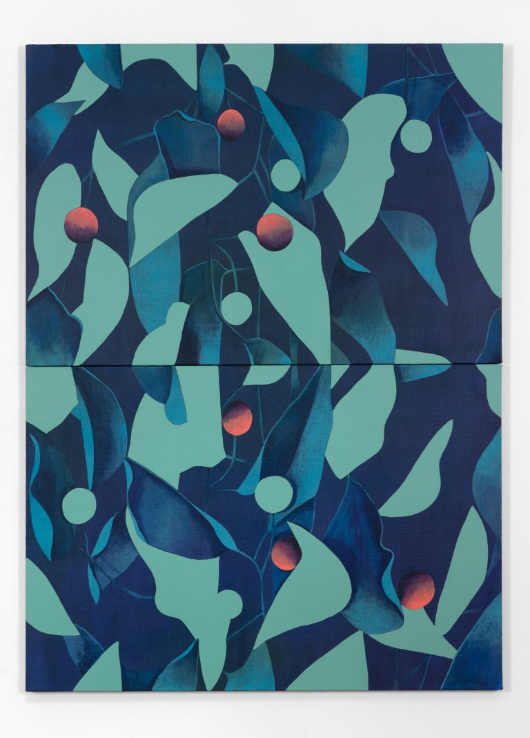 Artwork by Ryan Mrozowski. The composition features a dynamic interplay of repeated botanical forms, bold color contrasts, and subtle shifts in pattern. The piece explores themes of perception and repetition, drawing the viewer into its rhythmic visual structure