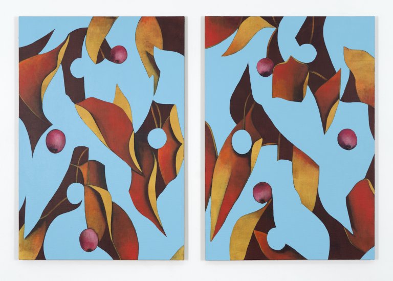 Artwork by Ryan Mrozowski. The composition features a dynamic interplay of repeated botanical forms, bold color contrasts, and subtle shifts in pattern. The piece explores themes of perception and repetition, drawing the viewer into its rhythmic visual structure