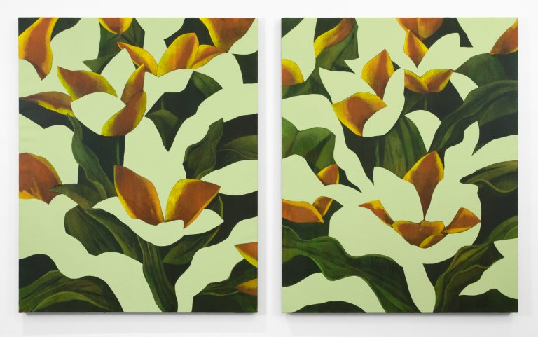 Artwork by Ryan Mrozowski. The composition features a dynamic interplay of repeated botanical forms, bold color contrasts, and subtle shifts in pattern. The piece explores themes of perception and repetition, drawing the viewer into its rhythmic visual structure