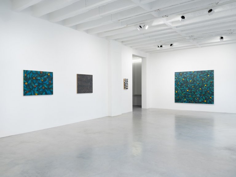 Exhibition view featuring artworks by Ryan Mrozowski. The image showcases a series of paintings with vibrant, repeated patterns and botanical motifs, arranged in a carefully curated space.