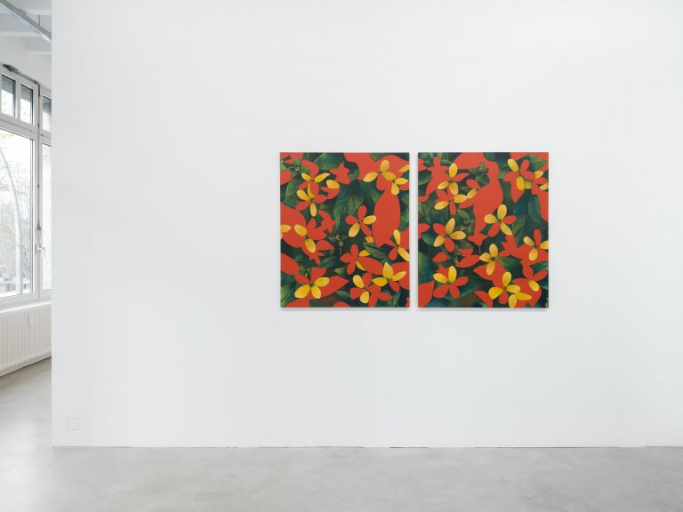 Artwork by Ryan Mrozowski. The composition features a dynamic interplay of repeated botanical forms, bold color contrasts, and subtle shifts in pattern. The piece explores themes of perception and repetition, drawing the viewer into its rhythmic visual structure