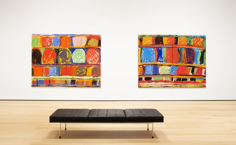 Large-scale abstract paintings by Stanley Whitney, showcasing a harmonious blend of structured color fields with spontaneous brushwork, evoking a sense of movement and rhythm."